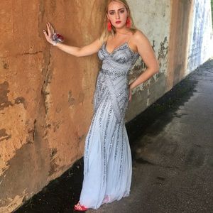 fully beaded adrianna papell prom dress sky grey
